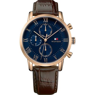 Tommy Hilfiger Herrenuhr Blaues Ziffernblatt Rosegold Braun Lederband