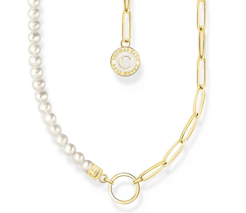 Thomas Sabo Member Charm-Kette (45 cm) KE2189-430-14-L45V mit weißen Perlen und Charmista Coin vergoldet