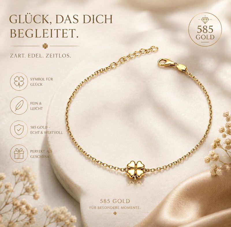 Armband Kleeblatt Gold 585 Glücksarmband 16 cm bis 19cm verstellbar