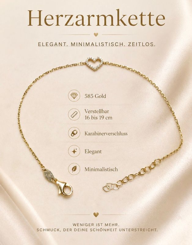 Armband Herz mit Steine Gold 585 Glücksarmband 16 cm bis 19cm verstellbar
