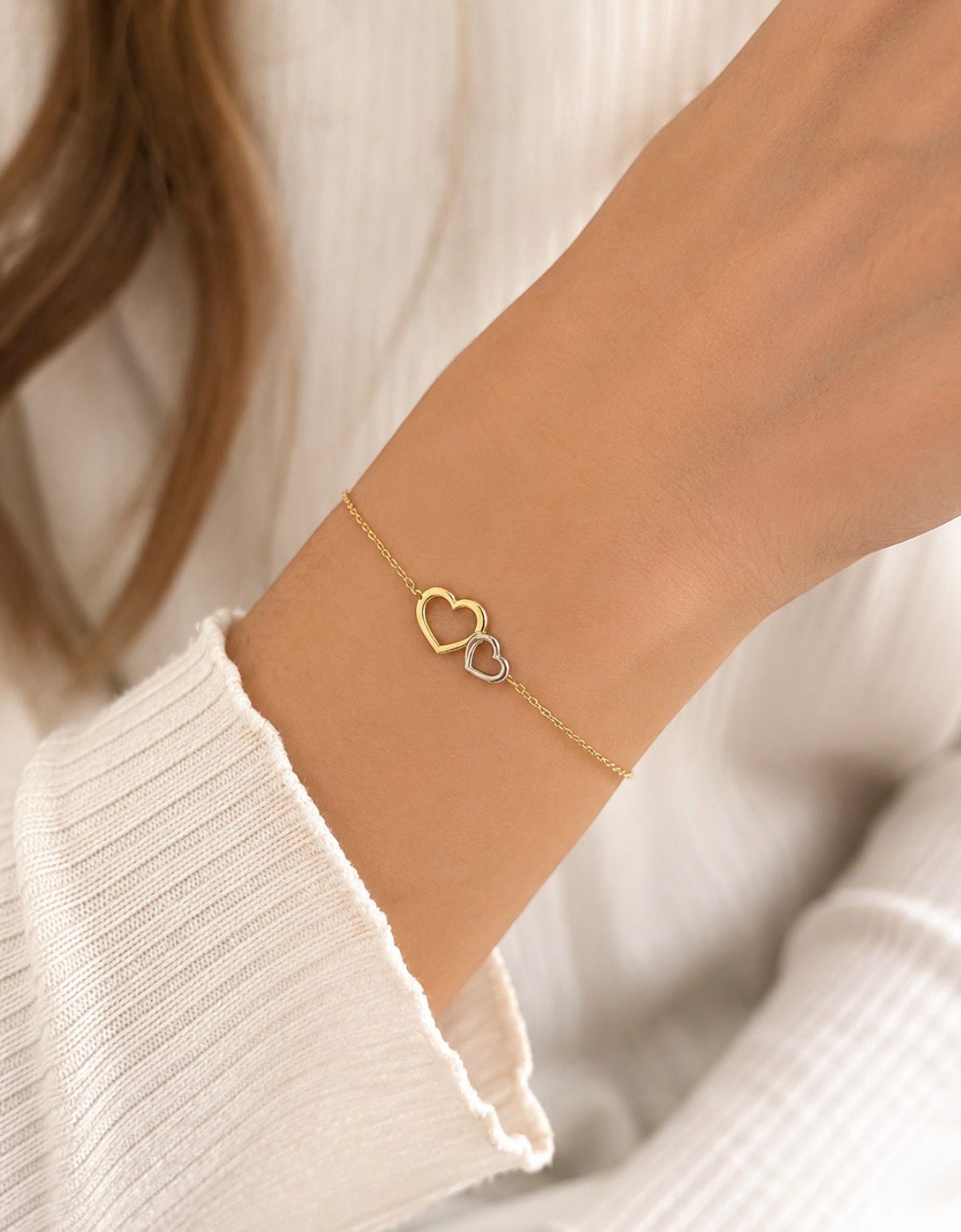 Armband Herz Doppelherz AnhängerWeiss und Gelbgold Gold 585 Glücksarmband 16 cm bis 19cm verstellbar