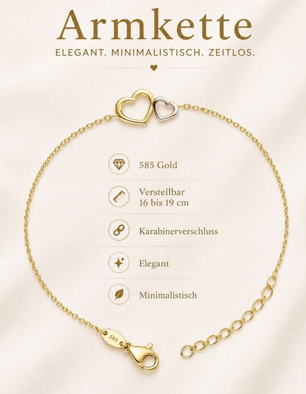 Armband Herz Doppelherz AnhängerWeiss und Gelbgold Gold 585 Glücksarmband 16 cm bis 19cm verstellbar