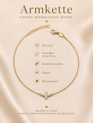 Armband intergrierte Anhänger mit Steine Gold 585 Glücksarmband 16 cm bis 19cm verstellbar