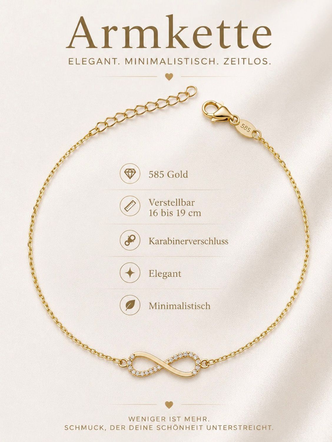 Armband Ewigkeitszeichen Anhänger mit Steine Infinity Gold 585 Glücksarmband 16 cm bis 19cm verstellbar Armband Ewigkeitszeichen Anhänger mit Steine Infinity Gold 585 Glücksarmband 16 cm bis 19cm verstellbar