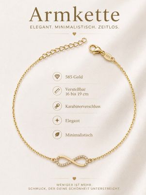 Armband Ewigkeitszeichen Anhänger mit Steine Infinity Gold 585 Glücksarmband 16 cm bis 19cm verstellbar Armband Ewigkeitszeichen Anhänger mit Steine Infinity Gold 585 Glücksarmband 16 cm bis 19cm verstellbar