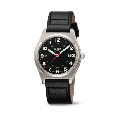 Boccia 3674-01 Herrenuhr Classic Reintitan Leder Datum Schwarz