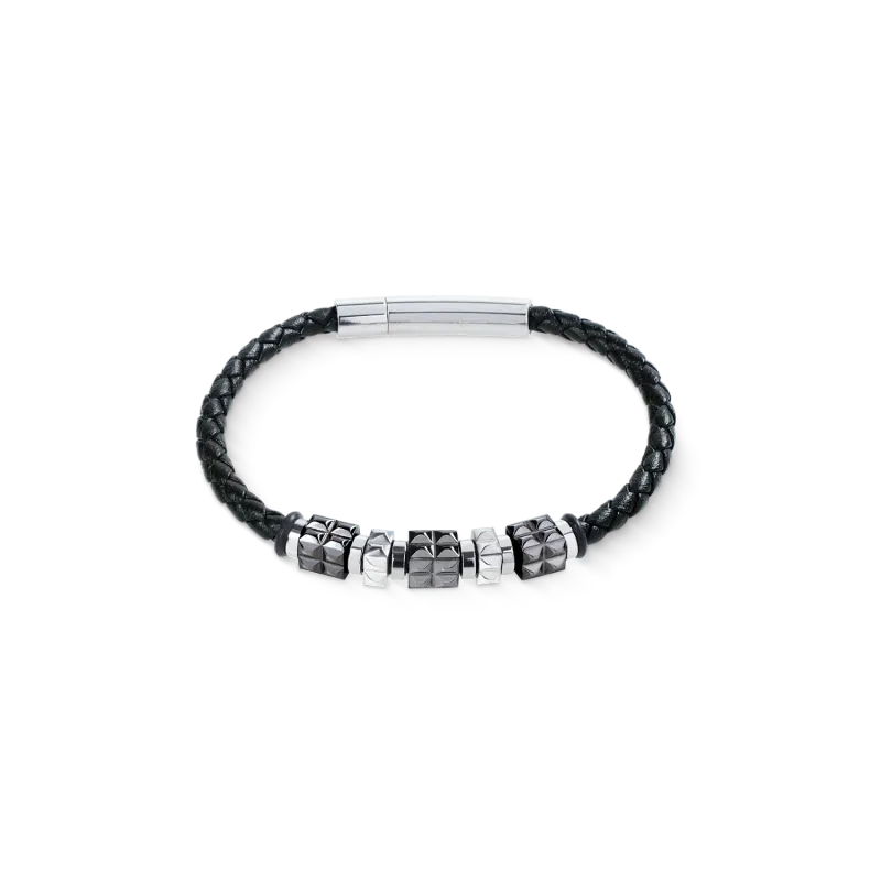 Herrenarmband 0920301317 Armband Leder Schwarz mit Edelstahl Gun Metal Spikes Cubes