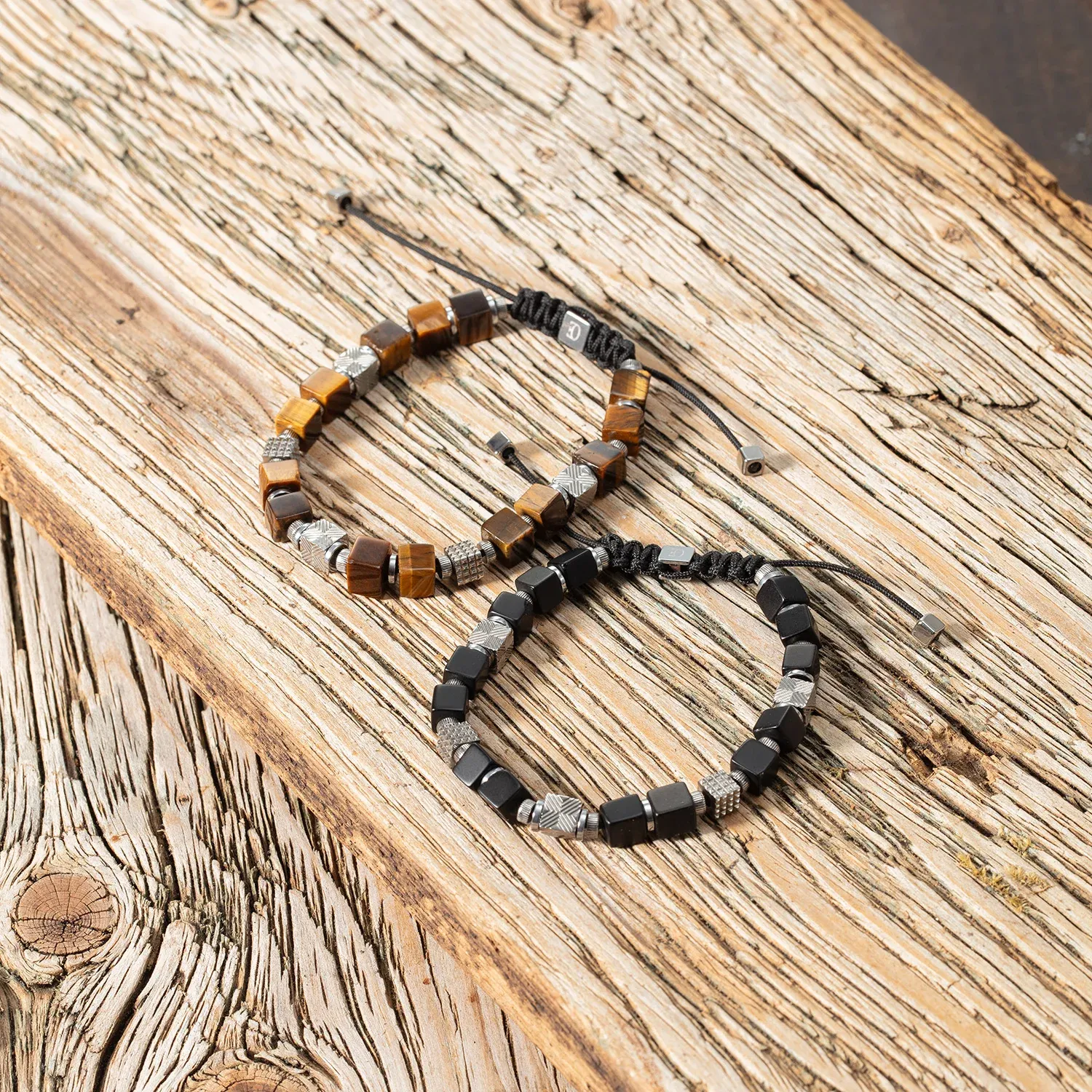 Herrenarmband Armband 0923301117 Cubes Tigerauge und Graphic Relief Edelstahl mit textilem Schiebeverschluss