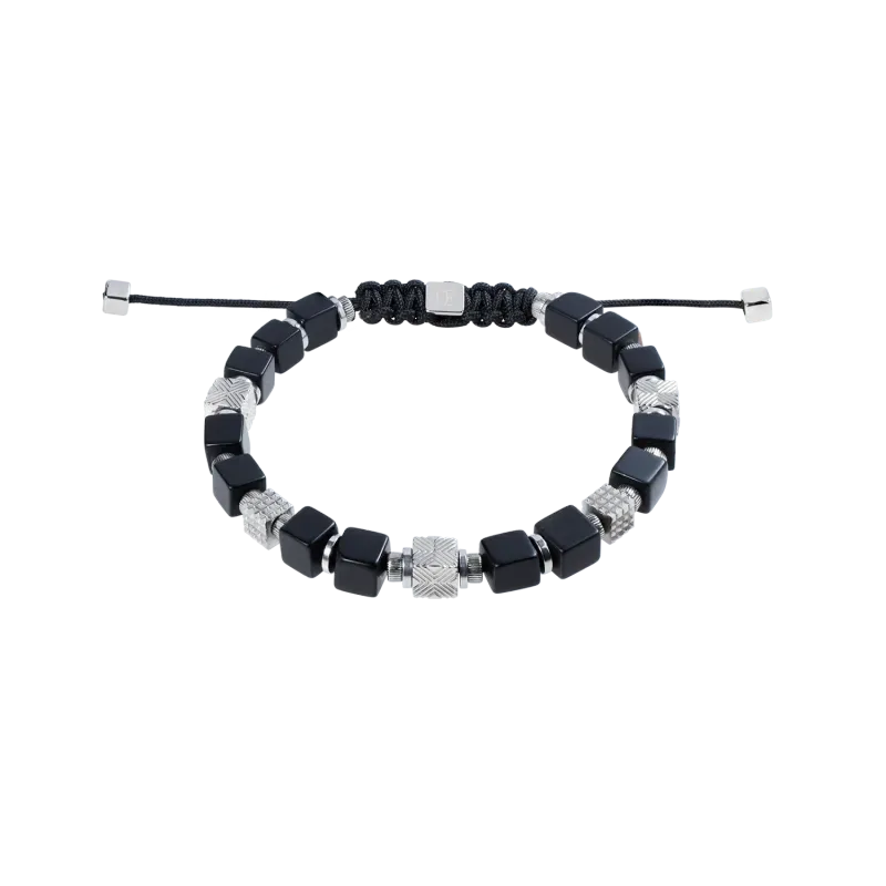 Herrenarmband Armband Armband Cubes Onyx und Graphic Relief Edelstahl mit textilem Schiebeverschluss 0923301317