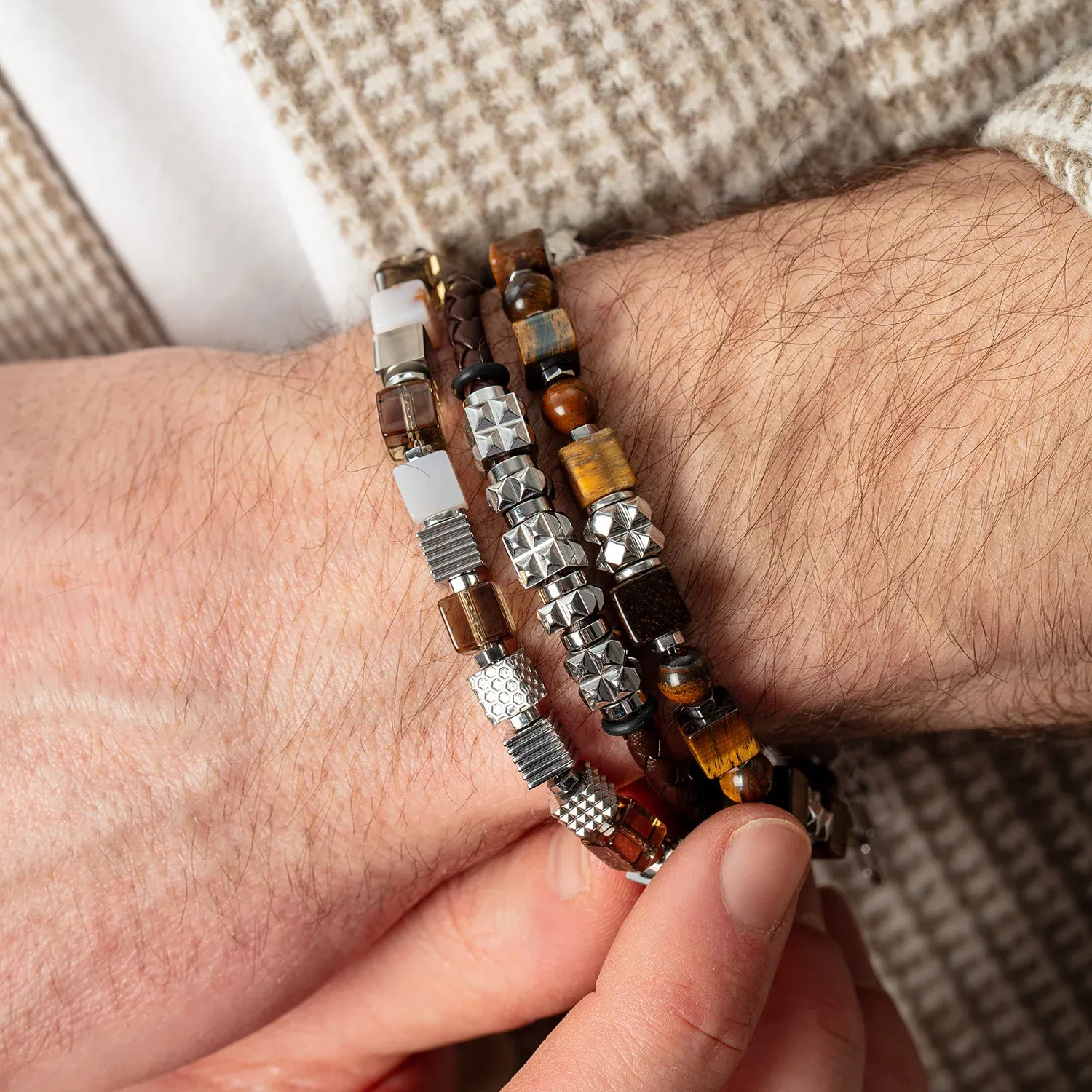 Herrenarmband Armband 0927301100 Tigerauge Cubes und Kugeln mit Spikes Cubes aus Edelstahl