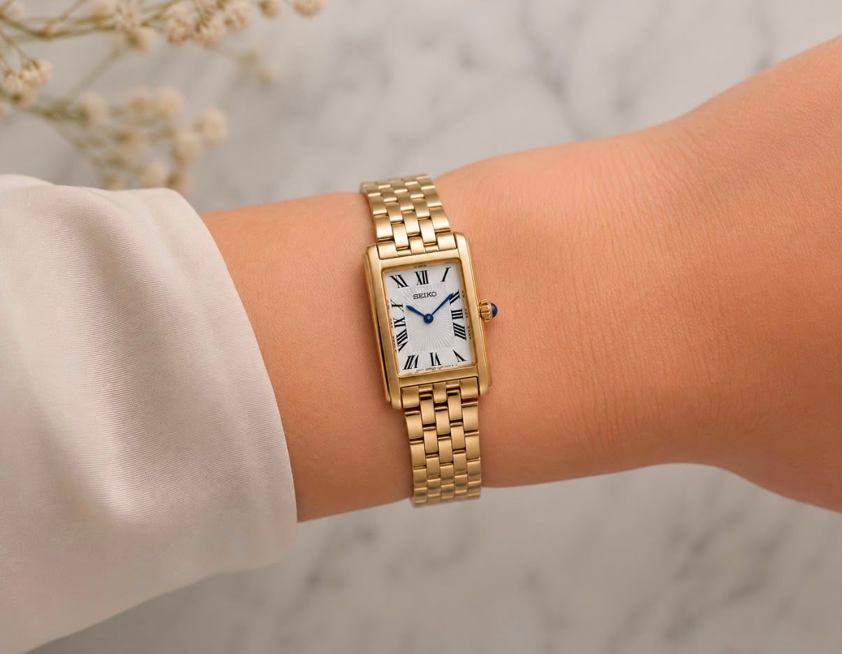 Elegante Klassik Seiko Damenuhr in Rechteckig HGG001P1 vergoldet römische Zahlen