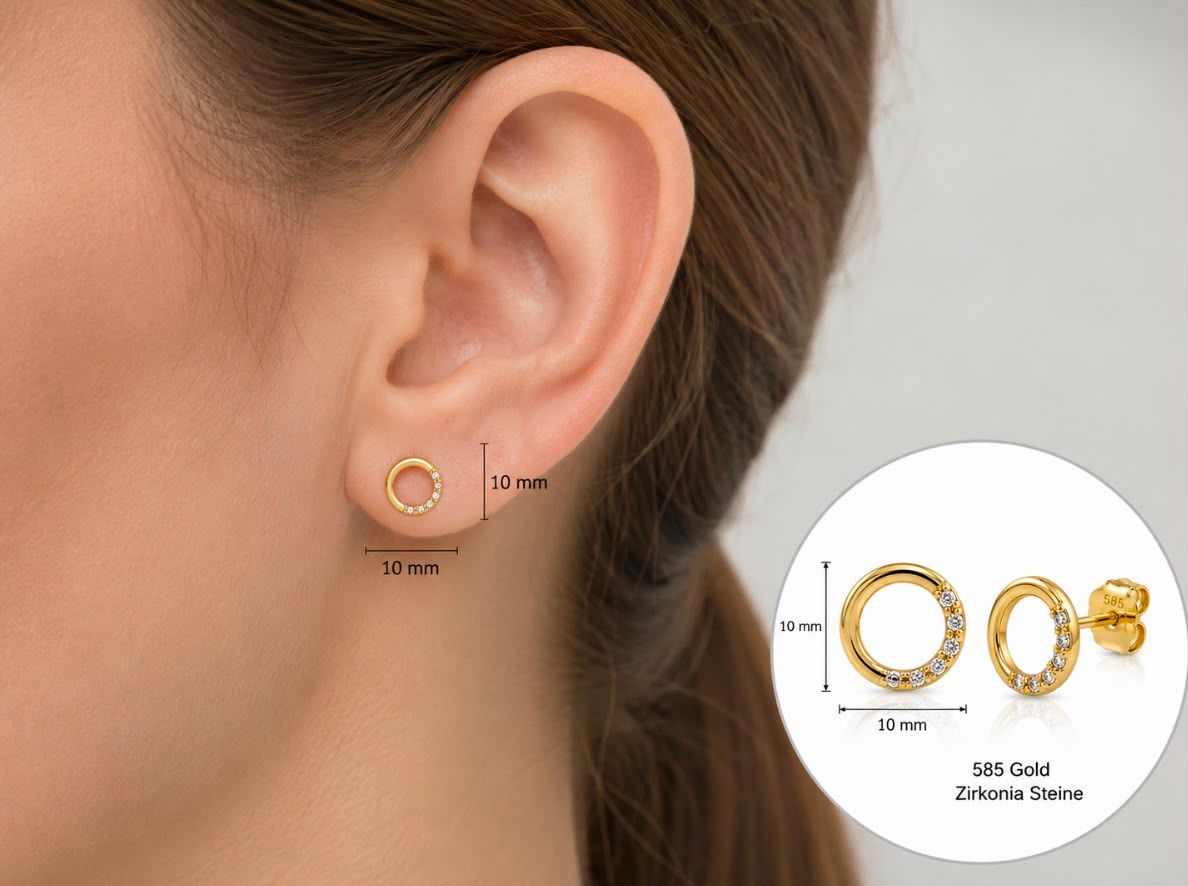 Ohrstecker Ohrschmuck  Runde Kreis Stecker  10mm Zirkonia Steine  Gold 585 /  14k TONSCH.33143A730