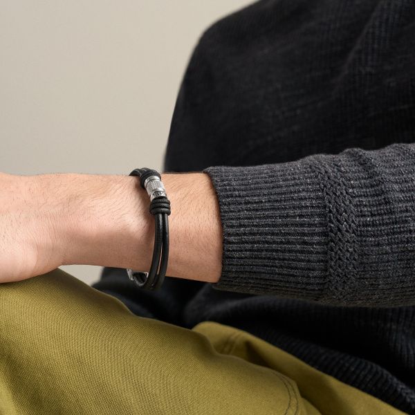 Fossil Herren Armband Machine Rondelles mehrreihig schwarzes Leder