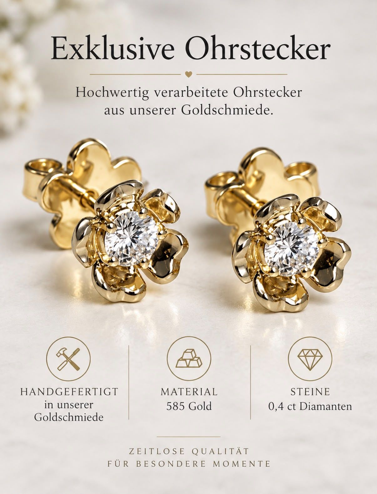 Ohrstecker Blüte 585 Gold mit Diamanten Handgefertigt 0.4 ct Naturdiamanten Goldschmiedearbeit TONSC.278D4