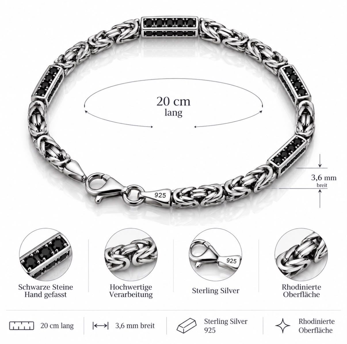 Könisgkette Armkette 20 cm mit SCHWARZEN Steinen 925 Sterlingsilber 3,2mm Breit