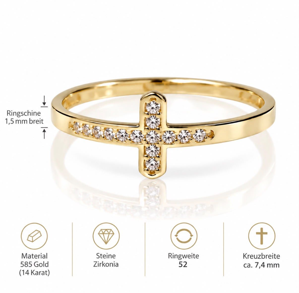 Goldring mit Kreuz Kreuzring mit Steinen  in  Gold 585 / 14 karat schlicht Ringweite 52