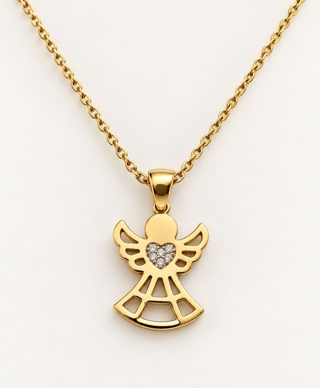 Goldkette Engel mit Herz und Steine Zirkonia Echt-Gold 585 14 karat TONSC0224A730
