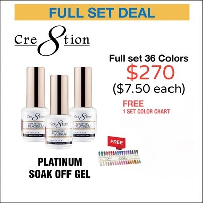 Cre8tion Platinum Soak Off Gel 0.5oz - Full Set 36 colors & 1 Free Color Chart - $7.50 each