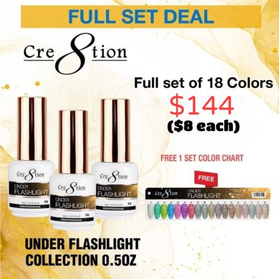 Cre8tion Under Flashlight Gel - FULL COLLECTION - 18 Colors w/ FREE Color Chart - $8 each