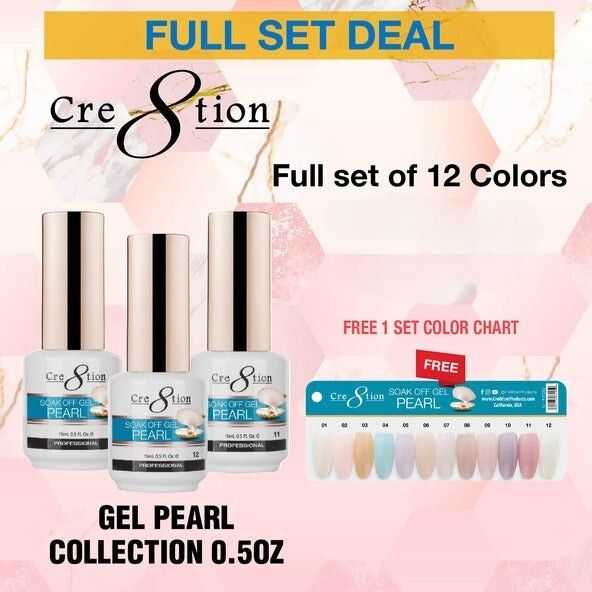 Cre8tion Pearl Gel - FULL COLLECTION - 12 Colors w/ FREE Color Chart - $10 each