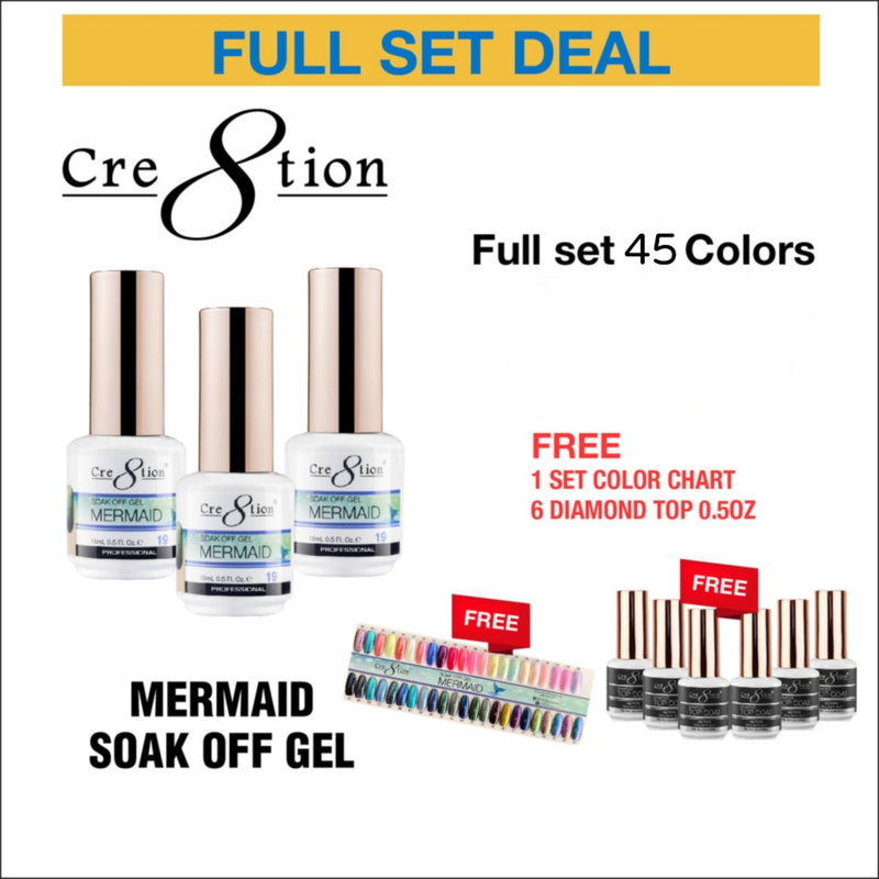 Cre8tion Mermaid Soak Off Gel 0.5oz - Full Set 45 colors w/ 6 Top Diamond 0.5oz & 1 set Color Chart