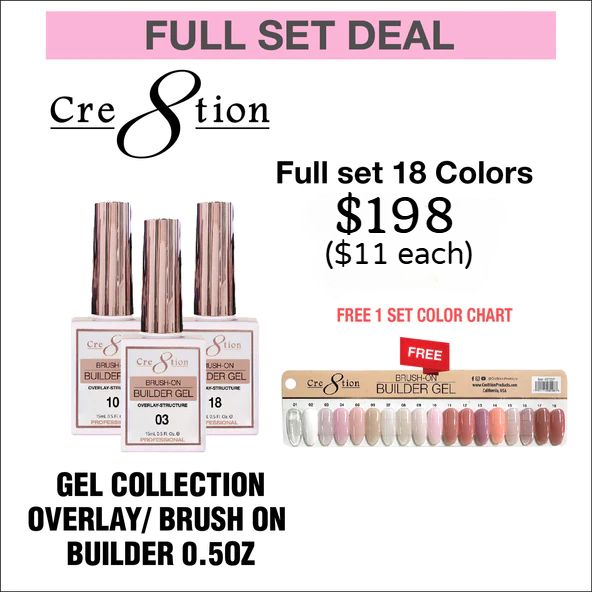 Cre8tion Overlay / Brush on Builder 0.5oz - Full Set 18 Colors w/ 1 Color Chart - $11 each