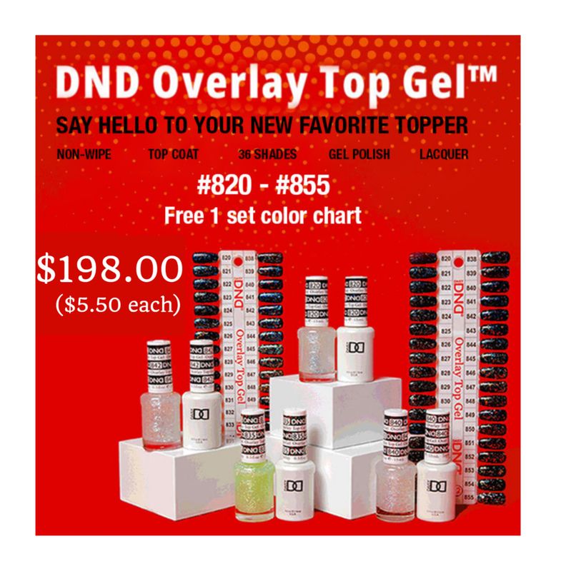 DND Duo - OVERLAY GLITTER TOP GEL Full Collection - 36 colors #820 - #855 - Free Color Chart - $5.50 each