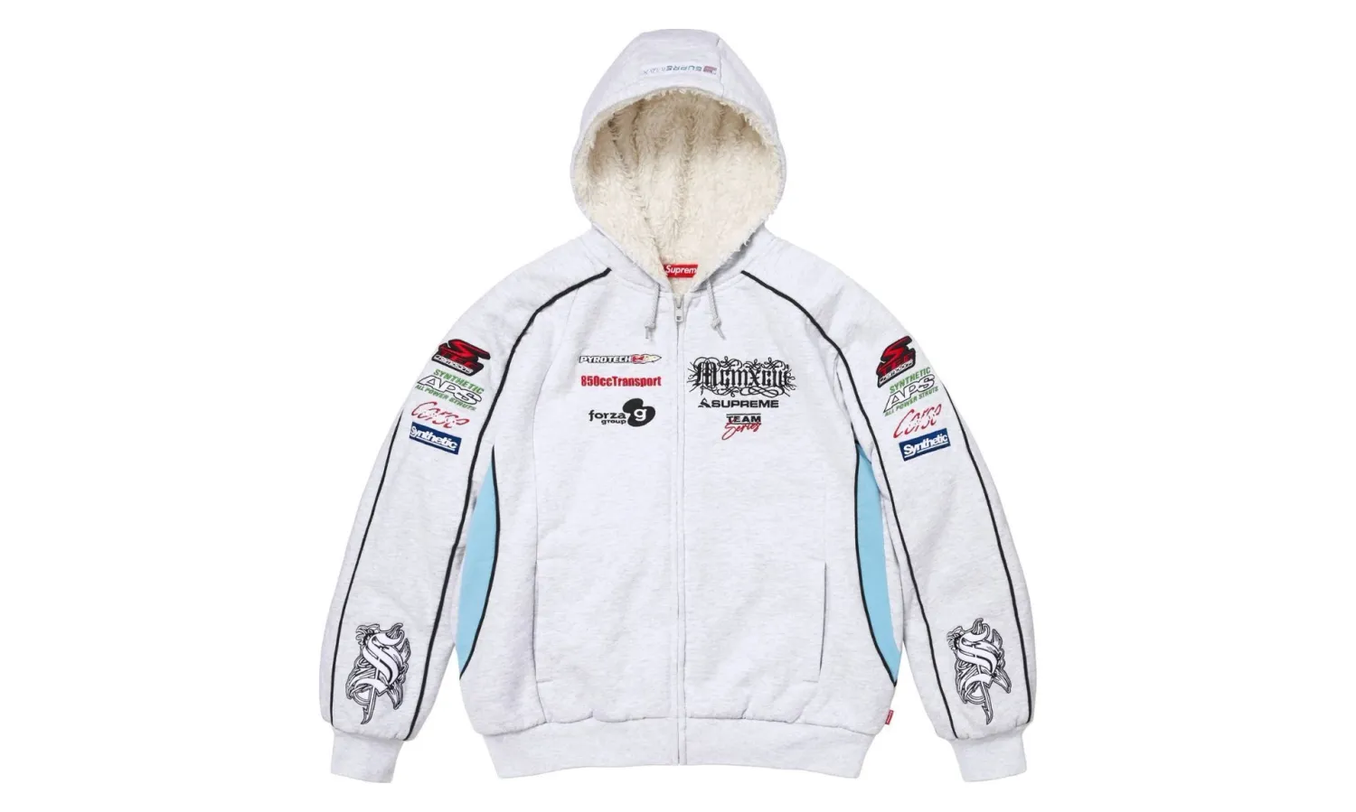 Supreme Racing Lined Zip Up Hooded Sweatshirt Ash Grey