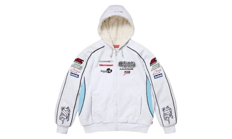 Supreme Racing Lined Zip Up Hooded Sweatshirt Ash Grey