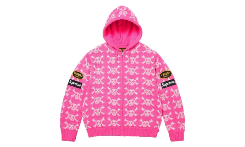 Supreme x Vanson Leathers Skull Zip Up Hooded Sweater Pink