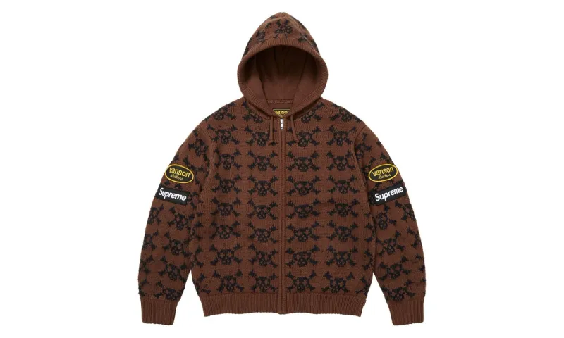 Supreme x Vanson Leathers Skull Zip Up Hooded Sweater Brown