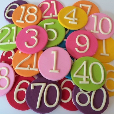 Number Plaque. One small round sugar paste plaque with white number in a colour of your choice for adding to any of our products. Suitable for birthday, anniversary and special milestone cakes.
