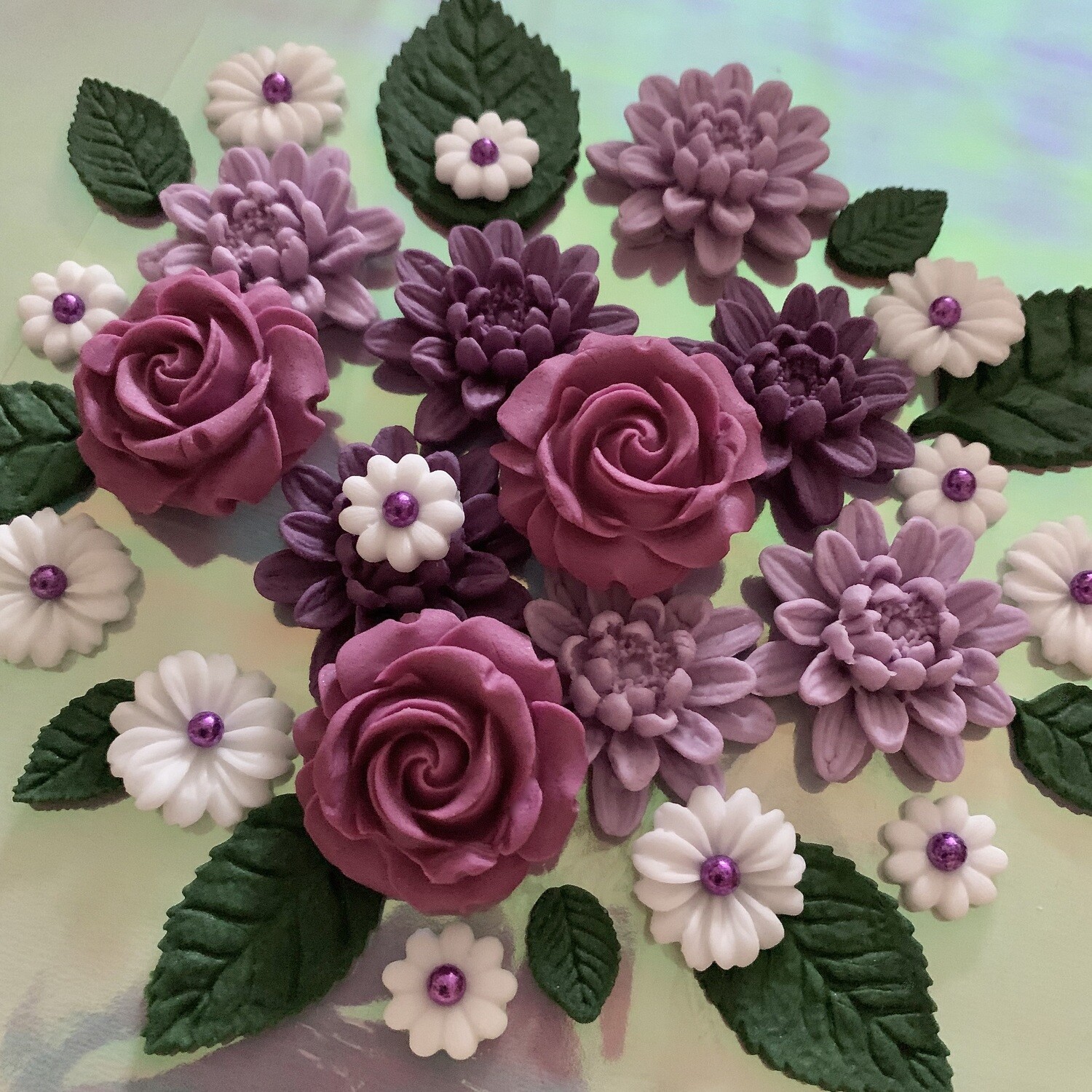 Edible Purple Dahlia Bouquet Fondant Cake Flowers