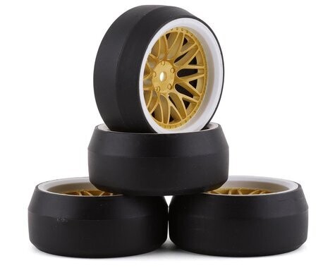 Yeah Racing Spec D Pre-Mounted Drift Tires w/LS Mesh Wheels (White/Gold) (4) w/12mm Hex &amp; 6mm Offset YEA-WL-0088