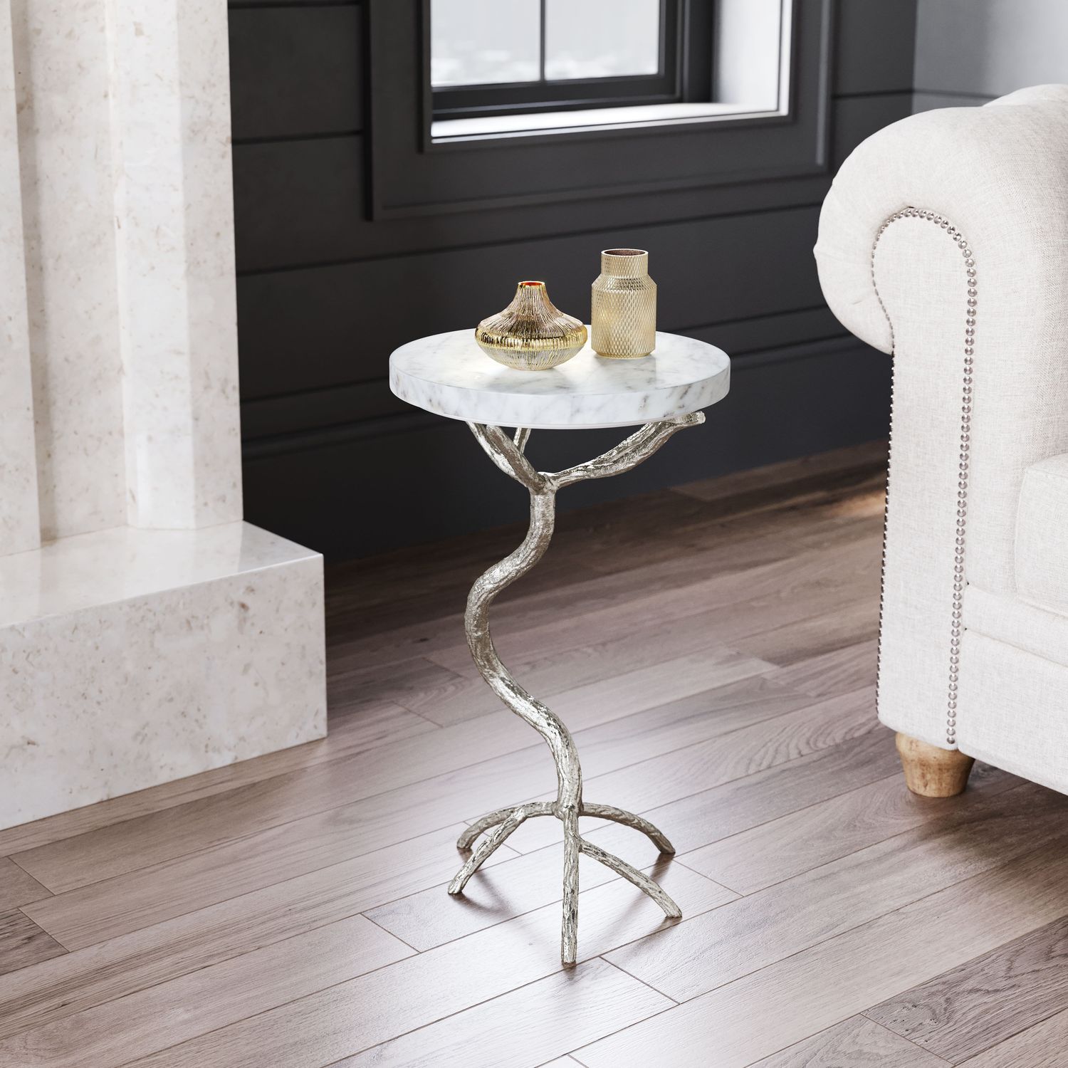 Joel - Side Table - White & Silver