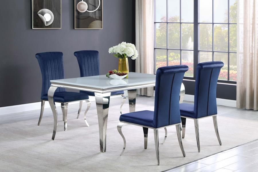 Carone - 5 Piece Rectangular Dining Set (White Table Top) - Ink Blue And Chrome - Steel