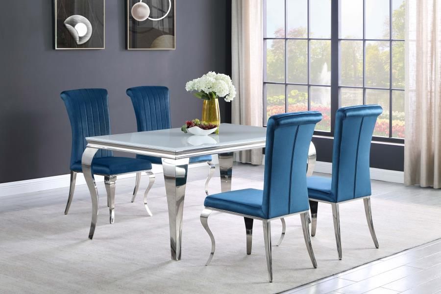 Carone - 5 Piece Rectangular Dining Set (White Table Top) - Teal And Chrome - Steel