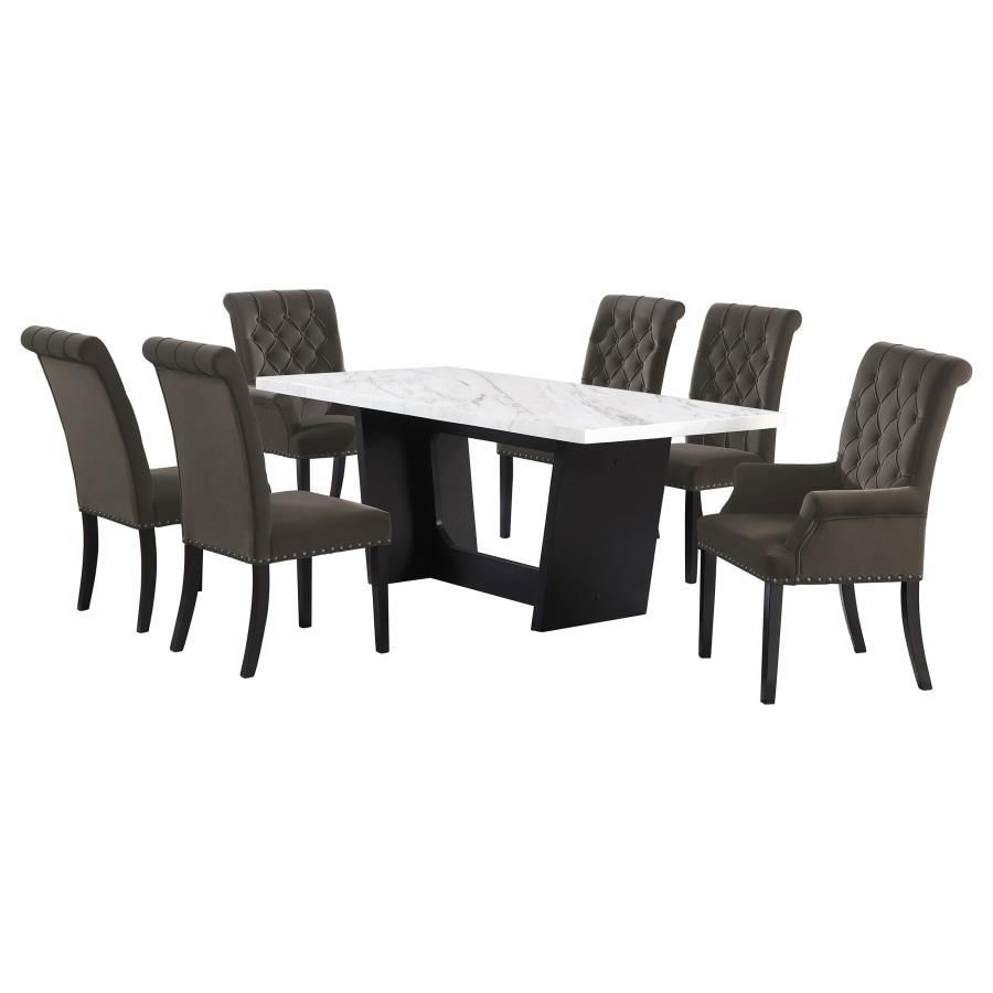 Sherry - 7 Piece Rectangular Marble Top Dining Set - Brown And White