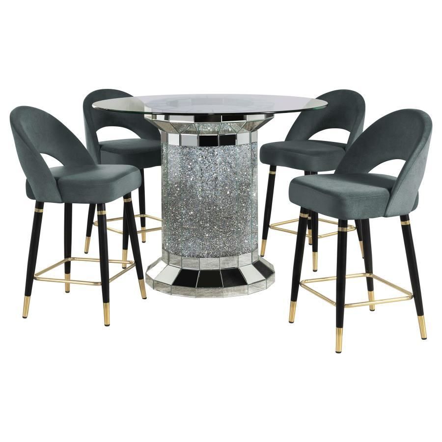 Ellie - 5 Piece Pedestal Counter Height Dining Room Set - Mirror And Gray