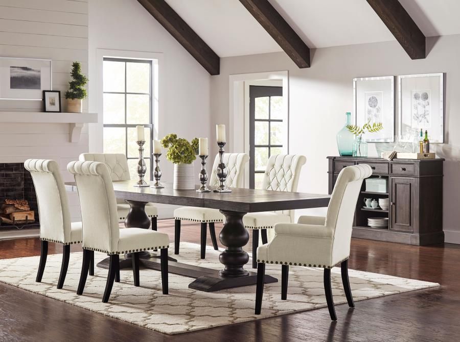 Phelps - 7 Piece Rectangular Trestle Dining Set - Antique Noir And Beige