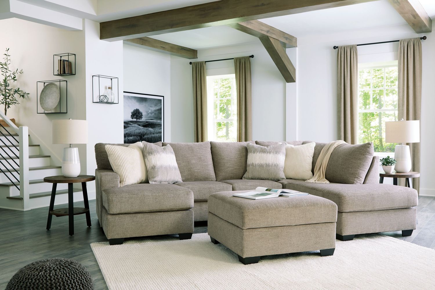 Creswell - Stone - 3 Pc. - Right Arm Facing Corner Chaise 2 Pc Sectional, Ottoman