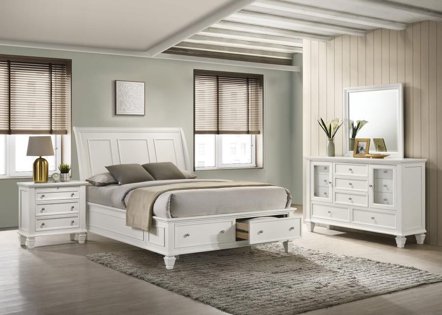 Sandy Beach - 4 Piece Queen Storage Bedroom Set With Sleigh Headboard - Buttermilk