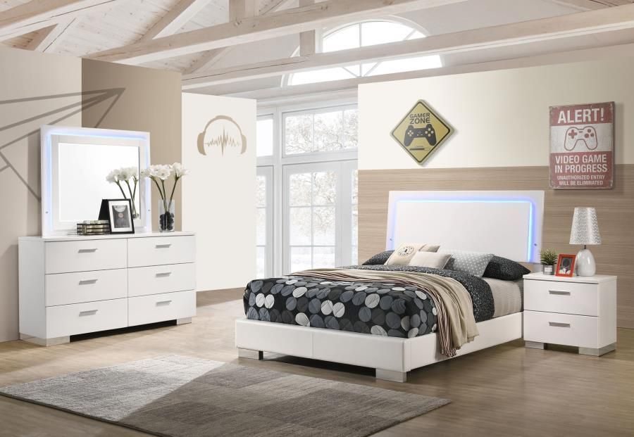 Felicity - 4 Piece Full Bedroom Set With Led Headboard And Mirror - Glossy White