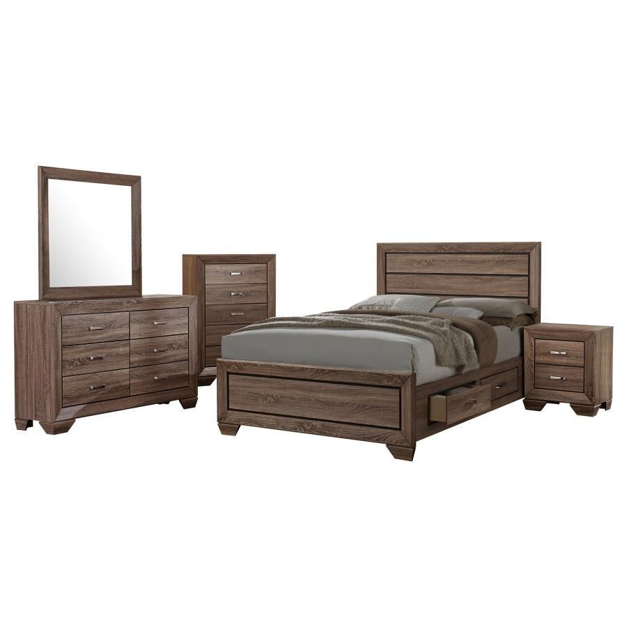 Kauffman - 5 Piece California King Storage Bedroom Set With High Straight Headboard - Washed Taupe