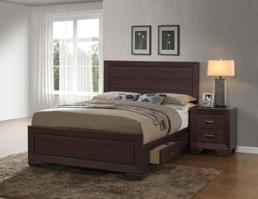 Kauffman - 5 Piece Queen Storage Bedroom Set With High Straight Headboard - Dark Cocoa