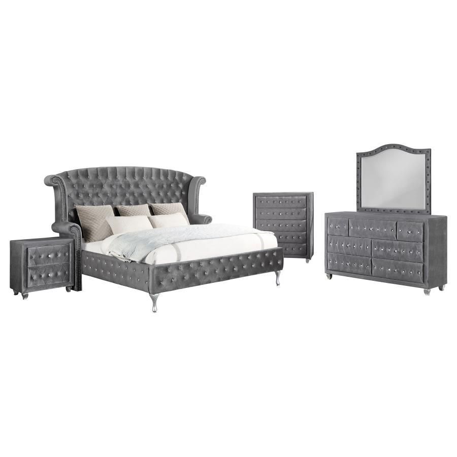 Deanna - 5 Piece Queen Upholstered Tufted Bedroom Set - Gray