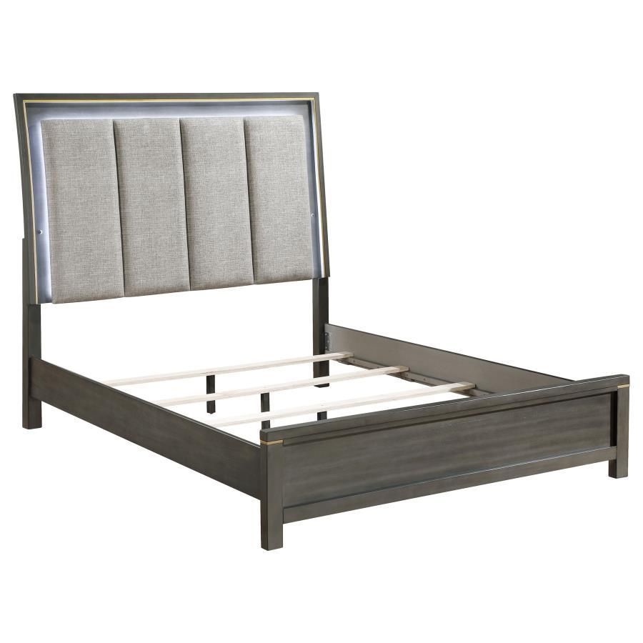 Kieran - California King Panel Bed With Upholstered LED Headboard - Gray And Oyster Gray