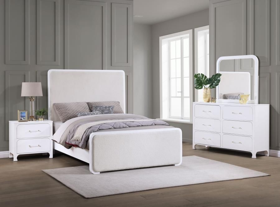 Anastasia - 4-Piece Boucle Upholstered California King Bedroom Set - Pearl White And Beige