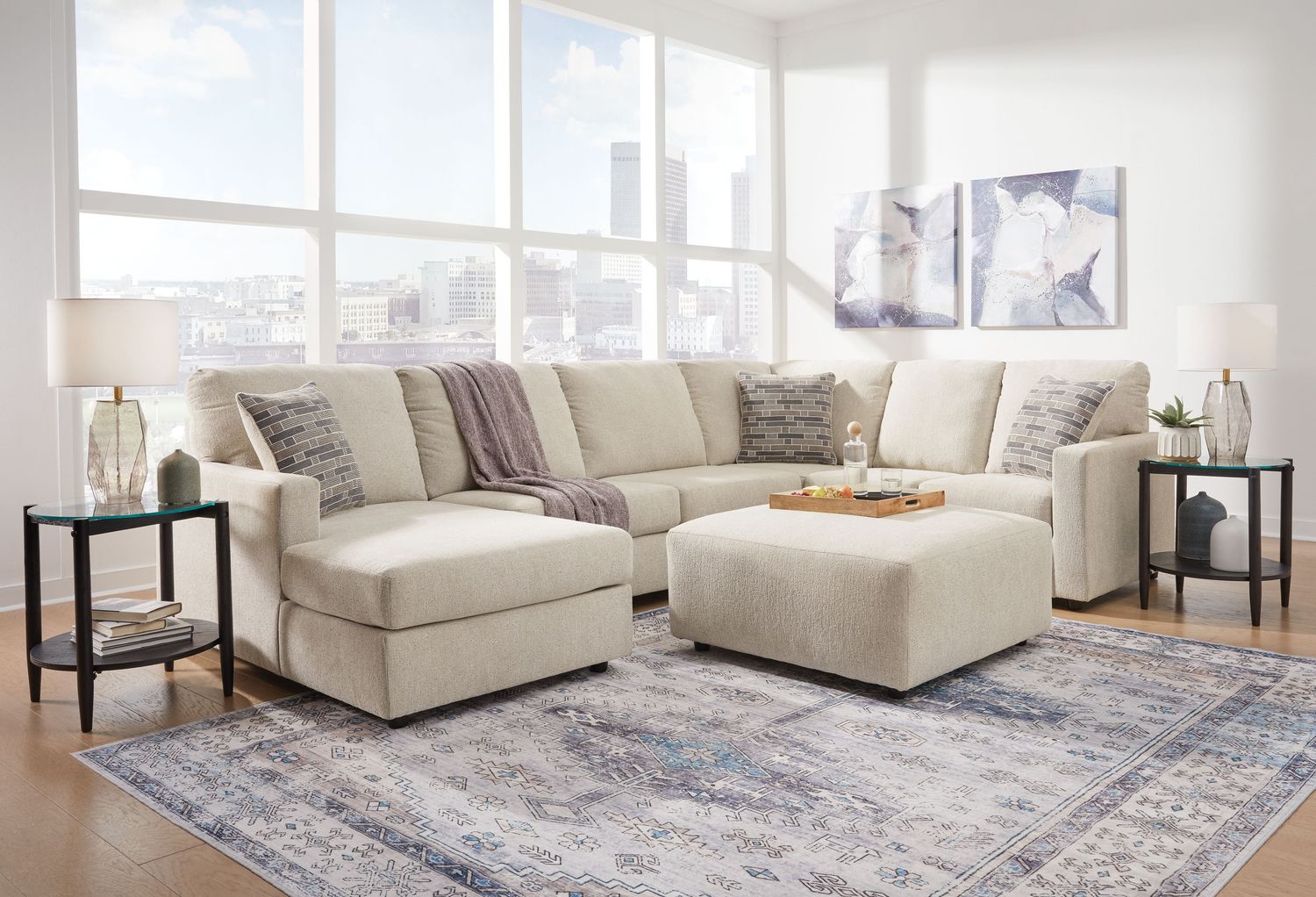 Edenfield - Linen - 4 Pc. - Left Arm Facing Corner Chaise 3 Pc Sectional, Ottoman