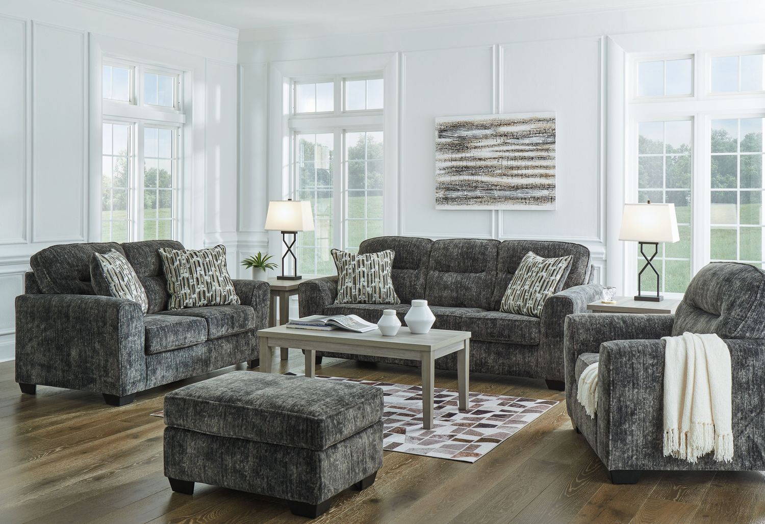 Lonoke - Gunmetal - 4 Pc. - Sofa, Loveseat, Chair And A Half, Ottoman